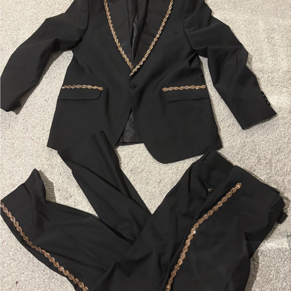 Elegant Black Pants & Jacket with Gold Trim - Picture 3 of 3